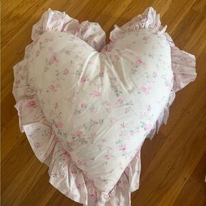 LoveShackFancy Pink Floral Heart Pillow with Ruffled Edges